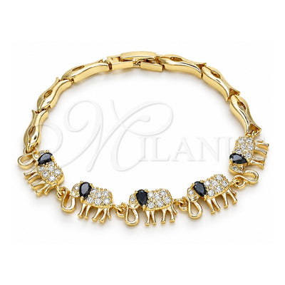 Oro Laminado Fancy Bracelet, Gold Filled Style Elephant and Fish Design, with Black and White Cubic Zirconia, Polished, Golden Finish, 03.316.0031.2.07 (05 MM Thickness, 7 Inches Length)
