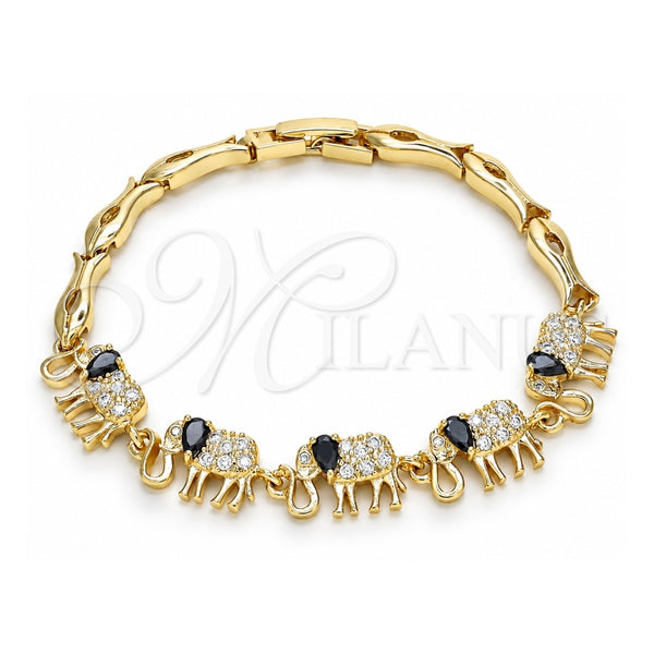 Oro Laminado Fancy Bracelet, Gold Filled Style Elephant and Fish Design, with Black and White Cubic Zirconia, Polished, Golden Finish, 03.316.0031.2.07 (05 MM Thickness, 7 Inches Length)