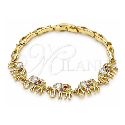 Oro Laminado Fancy Bracelet, Gold Filled Style Elephant and Fish Design, with Multicolor Cubic Zirconia, Polished, Golden Finish, 03.316.0031.3.07 (05 MM Thickness, 7 Inches Length)