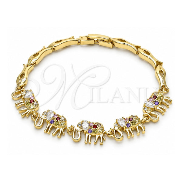 Oro Laminado Fancy Bracelet, Gold Filled Style Elephant and Fish Design, with Multicolor Cubic Zirconia, Polished, Golden Finish, 03.316.0031.3.07 (05 MM Thickness, 7 Inches Length)