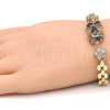 Oro Laminado Fancy Bracelet, Gold Filled Style Flower and Teardrop Design, with Black and White Cubic Zirconia, Polished, Golden Finish, 03.316.0032.07 (08 MM Thickness, 7 Inches Length)