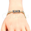 Oro Laminado Fancy Bracelet, Gold Filled Style Flower and Teardrop Design, with Black and White Cubic Zirconia, Polished, Golden Finish, 03.316.0032.07 (08 MM Thickness, 7 Inches Length)