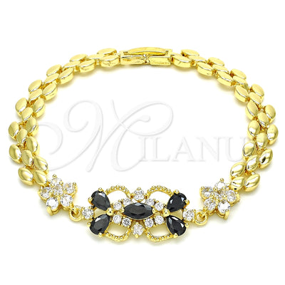 Oro Laminado Fancy Bracelet, Gold Filled Style Flower and Teardrop Design, with Black and White Cubic Zirconia for wholesale, main product view