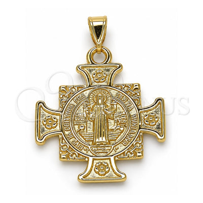 Oro Laminado Religious Pendant, Gold Filled Style San Benito and Flower Design, Polished, Golden Finish, 05.253.0064
