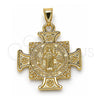 Oro Laminado Religious Pendant, Gold Filled Style San Benito and Flower Design, Polished, Golden Finish, 05.253.0064