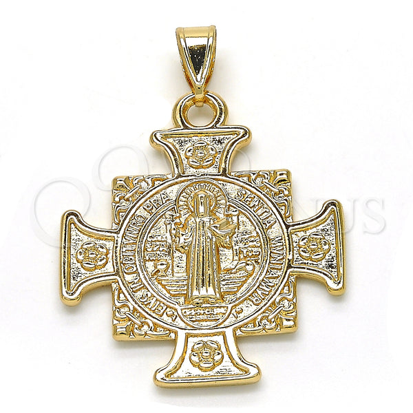 Oro Laminado Religious Pendant, Gold Filled Style San Benito and Flower Design, Polished, Golden Finish, 05.253.0064