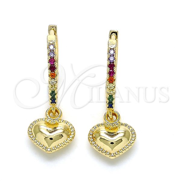 Gold Filled Hoop Earrings — Huggie Hoop Heart Design with Multicolor Cubic Zirconia — main product view — SKU 128048 | Oro Laminado aretes de aro — Huggie Hoop corazón diseño with Multicolor Cubic Zirconia — SKU 128048