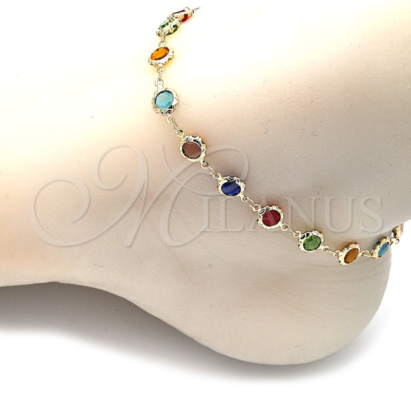 Oro Laminado Fancy Anklet, Gold Filled Style with Multicolor Crystal, Polished, Golden Finish, 03.63.2064.10 (07 MM Thickness, 10 Inches Length)