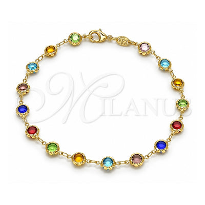 Oro Laminado Fancy Anklet, Gold Filled Style with Multicolor Crystal, Polished, Golden Finish, 03.63.2064.10 (07 MM Thickness, 10 Inches Length)