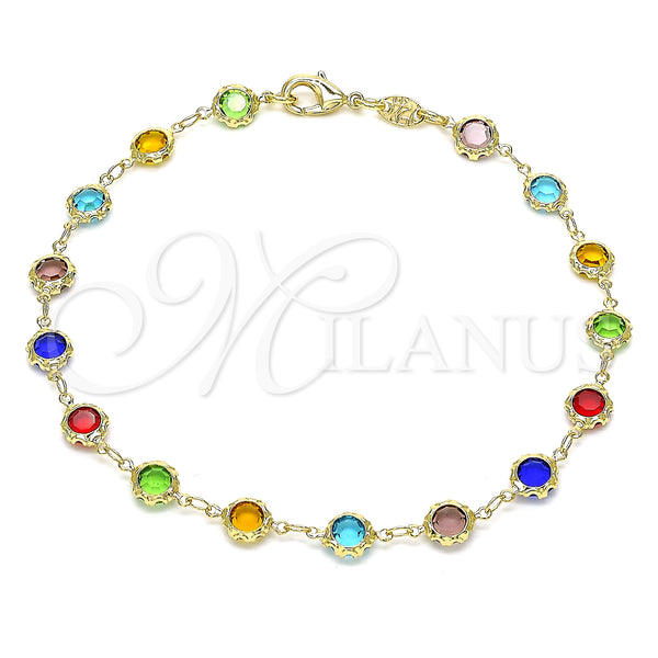 Oro Laminado Fancy Anklet, Gold Filled Style with Multicolor Crystal, Polished, Golden Finish, 03.63.2064.10 (07 MM Thickness, 10 Inches Length)
