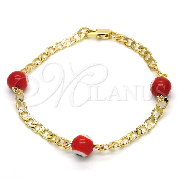 Oro Laminado Fancy Bracelet, Gold Filled Style Evil Eye Design, with Orange Red Opal, Polished, Golden Finish, 03.63.2066.1.07 (04 MM Thickness, 7 Inches Length)