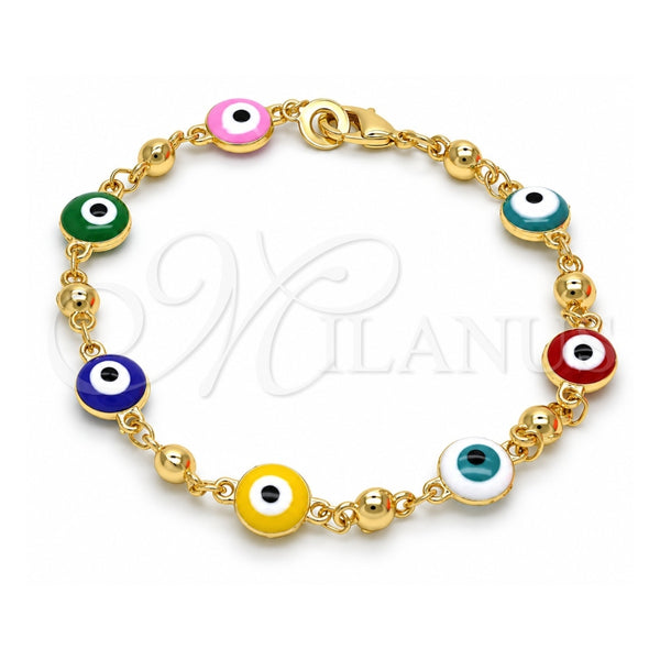 Oro Laminado Fancy Bracelet, Gold Filled Style Evil Eye Design, Multicolor Enamel Finish, Golden Finish, 03.213.0018.3.08 (08 MM Thickness, 7 Inches Length)