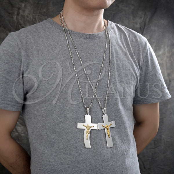 Stainless Steel Pendant Necklace, Crucifix Design, Polished, Two Tone, 04.116.0005.30 (03 MM Thickness, 30 Inches Length)