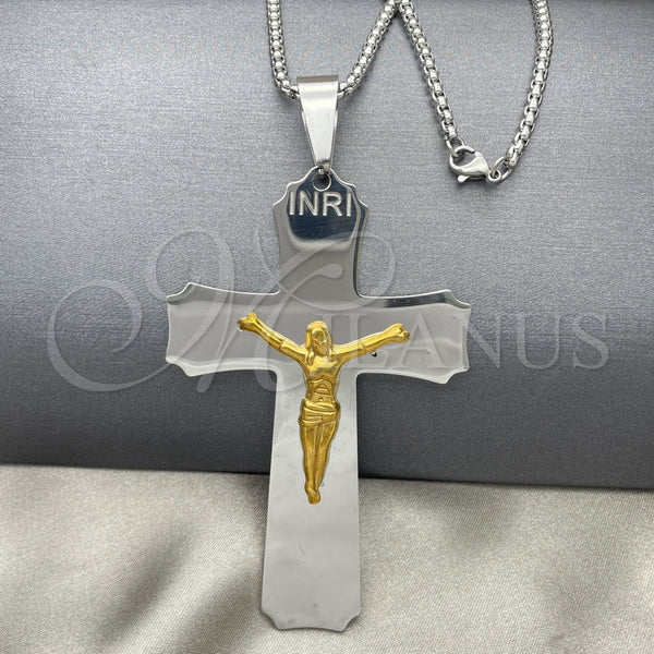 Stainless Steel Pendant Necklace, Crucifix Design, Polished, Two Tone, 04.116.0006.30 (03 MM Thickness, 30 Inches Length)