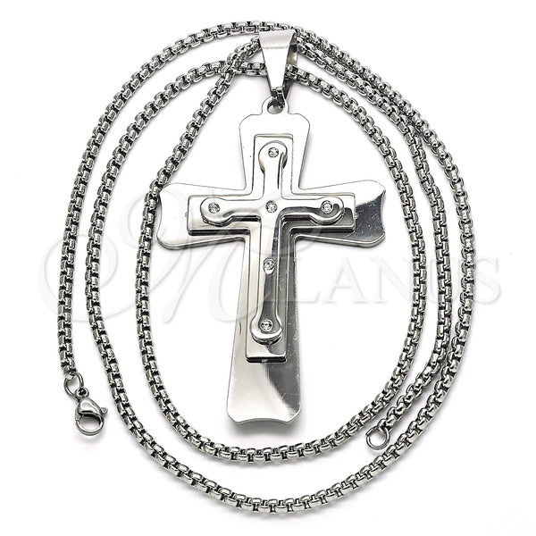 Stainless Steel Pendant Necklace, Cross Design, with White Cubic Zirconia, Polished, Steel Finish, 04.116.0019.30 (03 MM Thickness, 30 Inches Length)