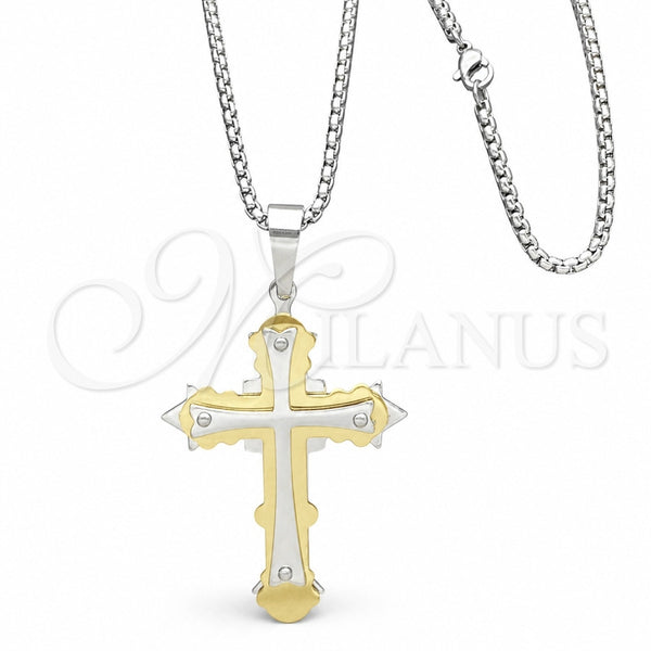 Stainless Steel Pendant Necklace, Cross Design, Polished, Two Tone, 04.116.0020.30 (03 MM Thickness, 30 Inches Length)