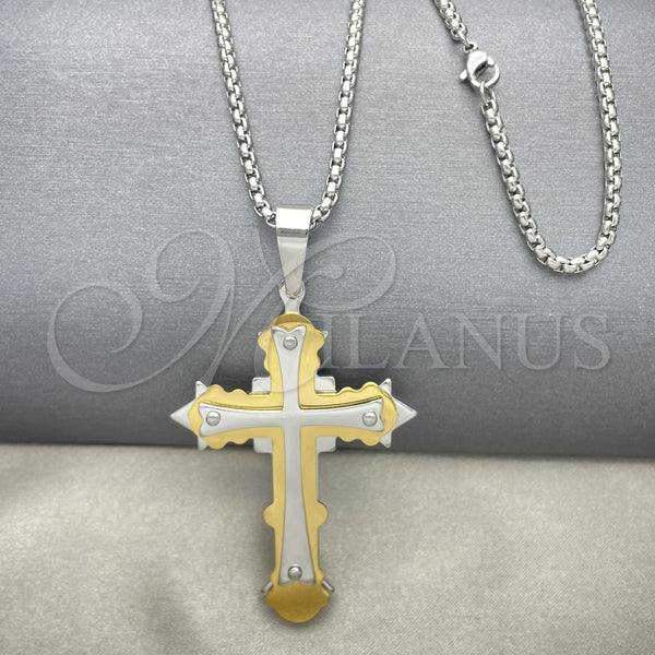 Stainless Steel Pendant Necklace, Cross Design, Polished, Two Tone, 04.116.0020.30 (03 MM Thickness, 30 Inches Length)