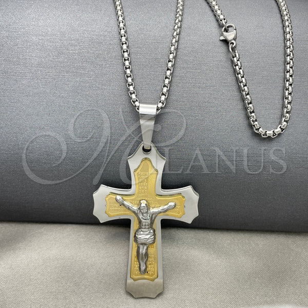 Stainless Steel Pendant Necklace, Crucifix Design, Polished, Two Tone, 04.116.0021.30 (03 MM Thickness, 30 Inches Length)