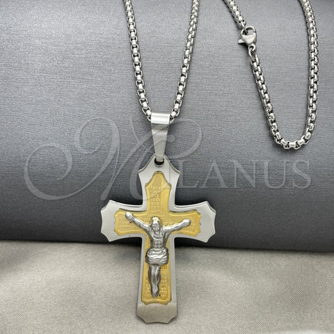 Stainless Steel Pendant Necklace, Crucifix Design, Polished, Two Tone, 04.116.0021.30 (03 MM Thickness, 30 Inches Length)