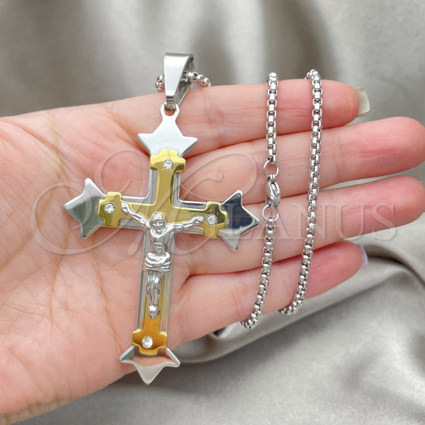Stainless Steel Pendant Necklace, Crucifix Design, with White Cubic Zirconia, Polished, Two Tone, 04.116.0022.30 (03 MM Thickness, 30 Inches Length)