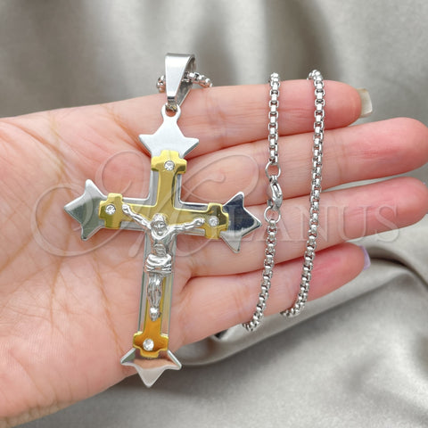 Stainless Steel Pendant Necklace, Crucifix Design, with White Cubic Zirconia, Polished, Two Tone, 04.116.0022.30 (03 MM Thickness, 30 Inches Length)