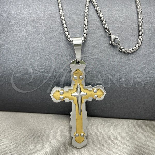 Stainless Steel Pendant Necklace, Cross Design, Polished, Two Tone, 04.116.0024.30 (03 MM Thickness, 30 Inches Length)