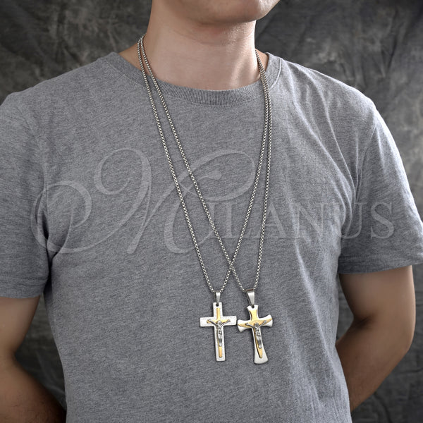 Stainless Steel Necklace — Pendant Necklace Crucifix Design Polished Two Tone 04. — alternate product view — SKU 128196 | Acero Inoxidable collar — Pendant Necklace Crucifix diseño pulido Two Tone 04. — SKU 128196