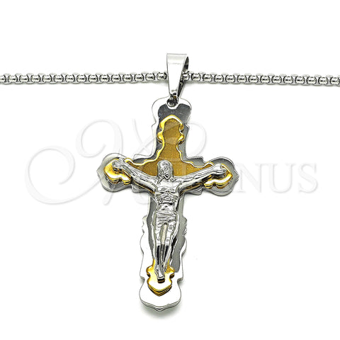 Stainless Steel Pendant Necklace, Crucifix Design, Polished, Two Tone, 04.166.0033.30 (03 MM Thickness, 30 Inches Length)