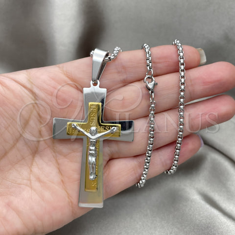 Stainless Steel Pendant Necklace, Crucifix Design, Polished, Two Tone, 04.116.0032.30 (03 MM Thickness, 30 Inches Length)