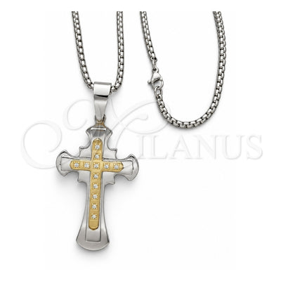 Stainless Steel Pendant Necklace, Cross Design, with White Cubic Zirconia, Polished, Two Tone, 04.116.0034.30 (03 MM Thickness, 30 Inches Length)