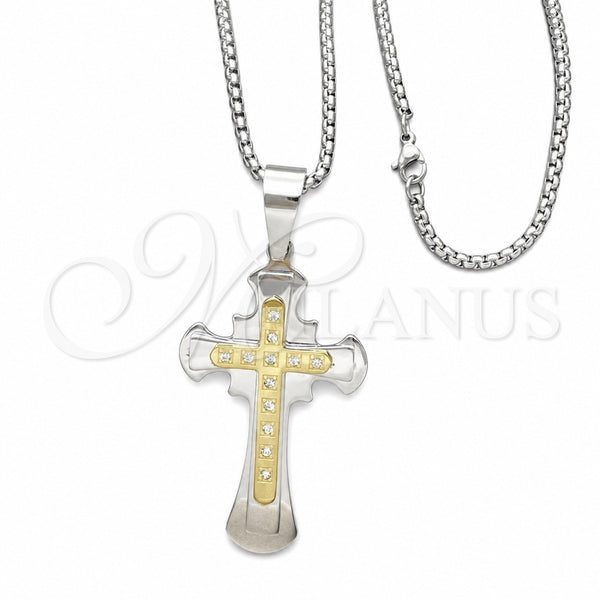 Stainless Steel Pendant Necklace, Cross Design, with White Cubic Zirconia, Polished, Two Tone, 04.116.0034.30 (03 MM Thickness, 30 Inches Length)