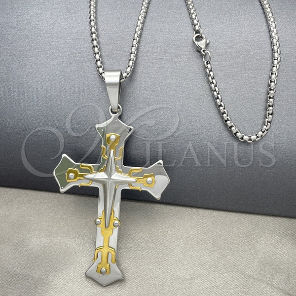 Stainless Steel Necklace — Pendant Necklace Cross Design Polished Two Tone 04. — main product view — SKU 128204 | Acero Inoxidable collar — Pendant Necklace cruz diseño pulido Two Tone 04. — SKU 128204