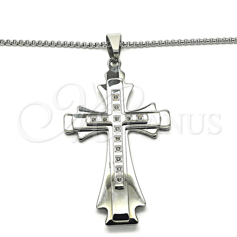Stainless Steel Pendant Necklace, Cross Design, with White Cubic Zirconia, Polished, Steel Finish, 04.116.0039.30 (03 MM Thickness, 30 Inches Length)