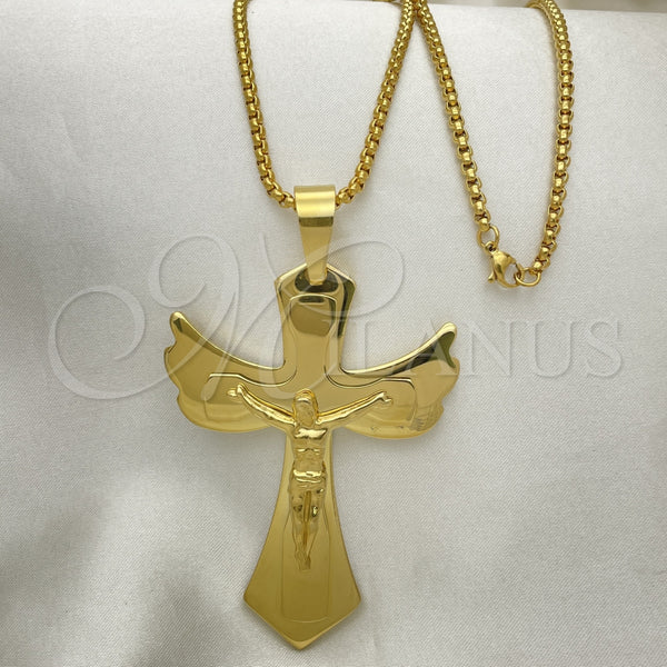 Stainless Steel Pendant Necklace, Crucifix Design, Polished, Golden Finish, 04.116.0047.30 (03 MM Thickness, 30 Inches Length)