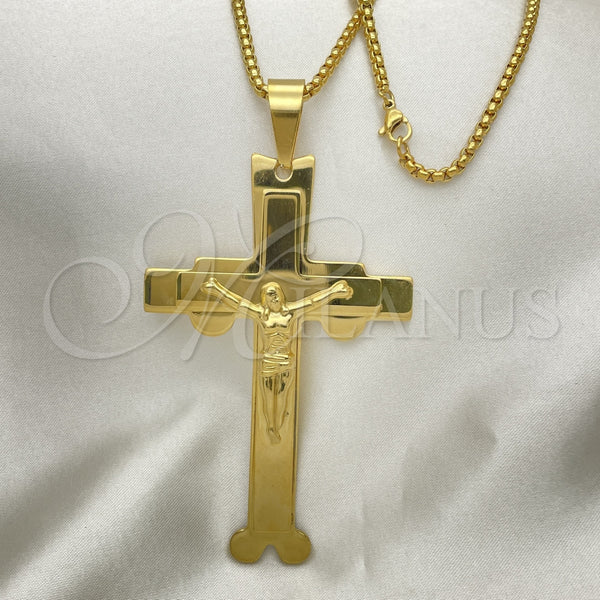 Stainless Steel Pendant Necklace, Crucifix Design, Polished, Golden Finish, 04.116.0049.30 (03 MM Thickness, 30 Inches Length)