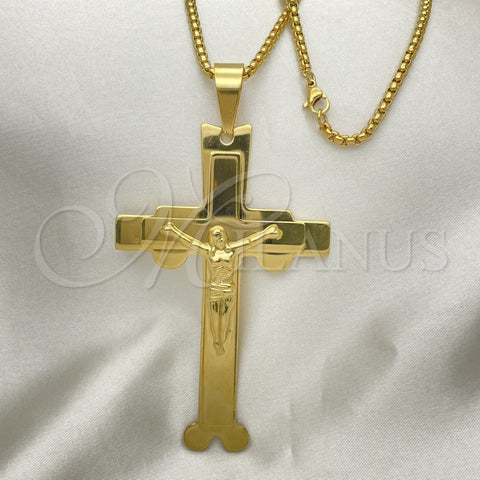 Stainless Steel Pendant Necklace, Crucifix Design, Polished, Golden Finish, 04.116.0049.30 (03 MM Thickness, 30 Inches Length)