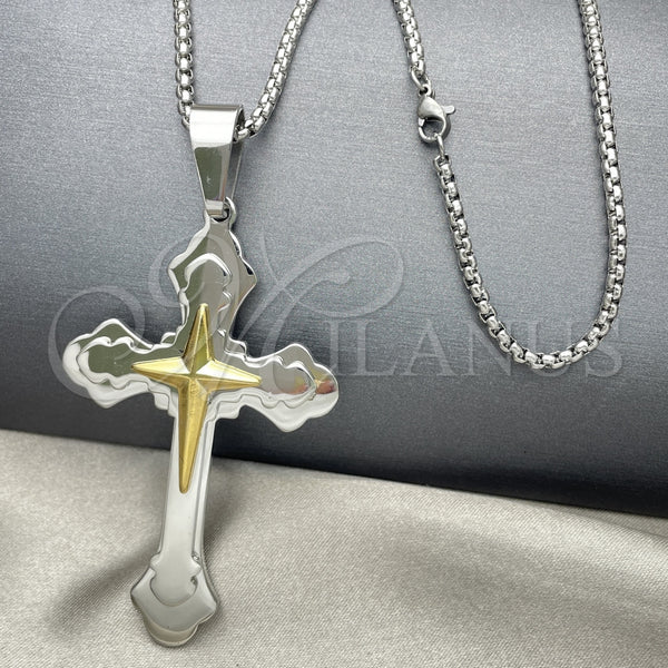 Stainless Steel Pendant Necklace, Cross Design, Polished, Two Tone, 04.116.0051.30 (03 MM Thickness, 30 Inches Length)