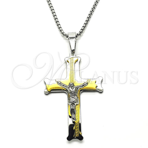 Stainless Steel Pendant Necklace, Crucifix Design, Polished, Two Tone, 04.116.0052.1.30 (03 MM Thickness, 30 Inches Length)