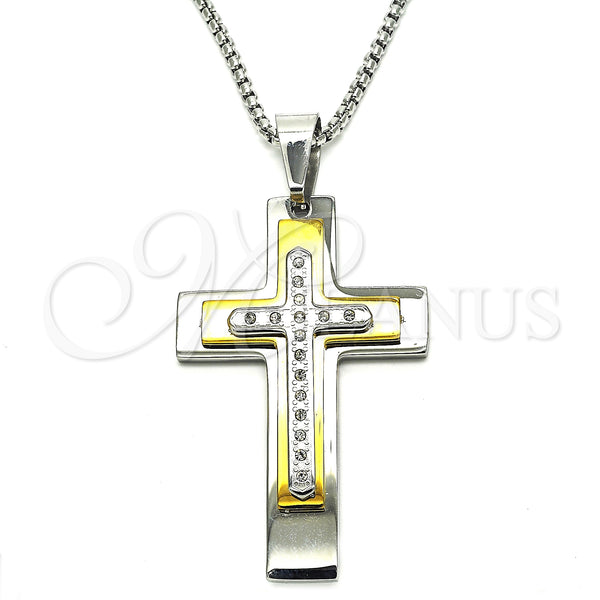 Stainless Steel Pendant Necklace, Cross Design, with White Cubic Zirconia, Polished, Two Tone, 04.116.0054.30 (03 MM Thickness, 30 Inches Length)