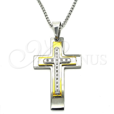 Stainless Steel Pendant Necklace, Cross Design, with White Cubic Zirconia, Polished, Two Tone, 04.116.0054.30 (03 MM Thickness, 30 Inches Length)