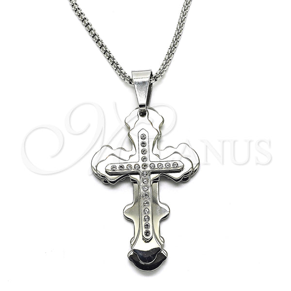 Stainless Steel Pendant Necklace, Cross Design, with White Cubic Zirconia, Polished, Steel Finish, 04.116.0059.30 (03 MM Thickness, 30 Inches Length)