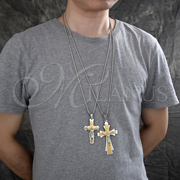 Stainless Steel Necklace — Pendant Necklace Crucifix Design Polished Two Tone 04. — alternate product view — SKU 128236 | Acero Inoxidable collar — Pendant Necklace Crucifix diseño pulido Two Tone 04. — SKU 128236
