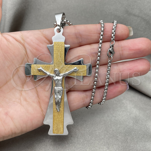 Stainless Steel Pendant Necklace, Crucifix Design, Polished, Two Tone, 04.116.0061.30 (03 MM Thickness, 30 Inches Length)