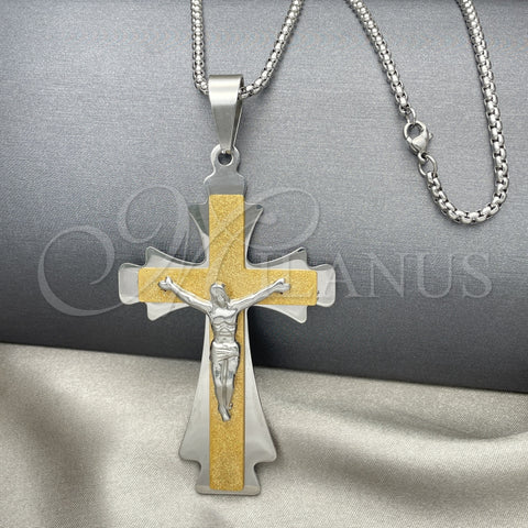 Stainless Steel Pendant Necklace, Crucifix Design, Polished, Two Tone, 04.116.0061.30 (03 MM Thickness, 30 Inches Length)