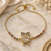 Oro Laminado Adjustable Bolo Bracelet, Gold Filled Style Owl and Baguette Design, with Multicolor Cubic Zirconia, Polished, Golden Finish, 03.299.0019.11 (01 MM Thickness, 11 Inches Length)