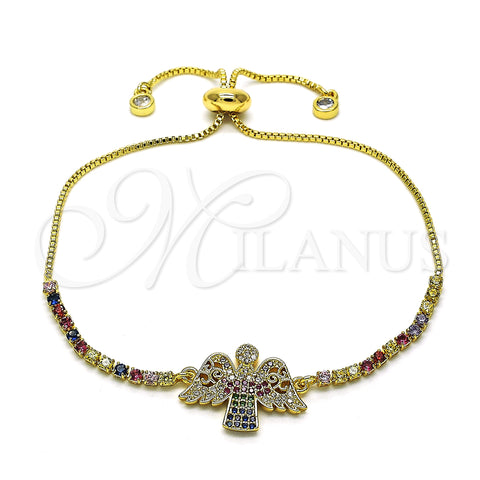 Oro Laminado Adjustable Bolo Bracelet, Gold Filled Style Cross Design, with Multicolor Micro Pave and Multicolor Cubic Zirconia, Polished, Golden Finish, 03.299.0022.11 (01 MM Thickness, 11 Inches Length)