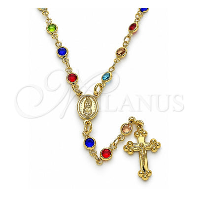Oro Laminado Medium Rosary, Gold Filled Style Guadalupe and Crucifix Design, with Multicolor Crystal, Polished, Golden Finish, 09.326.0001.18