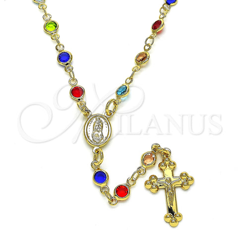 Oro Laminado Medium Rosary, Gold Filled Style Guadalupe and Crucifix Design, with Multicolor Crystal, Polished, Golden Finish, 09.326.0001.18