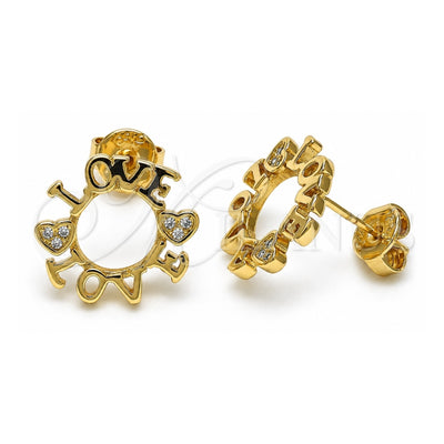 Oro Laminado Stud Earring, Gold Filled Style Love and Heart Design, with White Micro Pave, Polished, Golden Finish, 02.94.0087