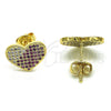 Oro Laminado Stud Earring, Gold Filled Style Heart Design, with Ruby and White Micro Pave, Polished, Golden Finish, 02.94.0092